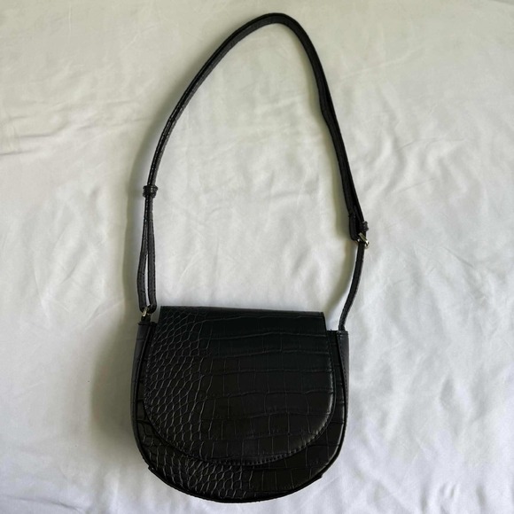 A New Day‎ Black Croc Embossed Saddle Bag Crossbody Purse Fashion Handbag - Picture 1 of 7